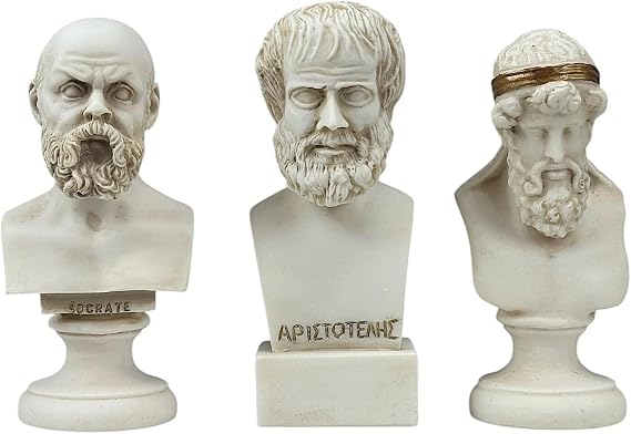 Socrates, Aristotle & Plato Bust Set Greek Philosopher Statues | Handmade Cast Alabaster Grey Sculptures | Classical Philosophy Home Decor