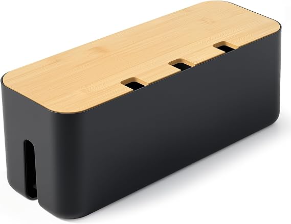 Large Cable Tidy Box, Black Cable Organiser with Bamboo Lid