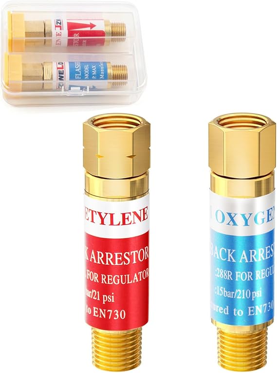 Oxygen Acetylene Flashback Arrestor Set Regulator End 9/16-18 Threads B Size, Flashback Arrestor for Regulators, Check Valve