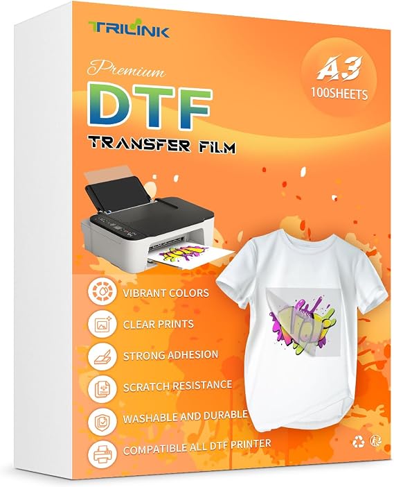 TRILINK DTF Transfer Film Paper A3 (11.7" x 16.5") - 100 Sheets Premium PET Direct to Film Transfer Paper for Sublimation - Works on Cotton, Polyester, and More Fabrics - Ideal for T-Shirts Printing