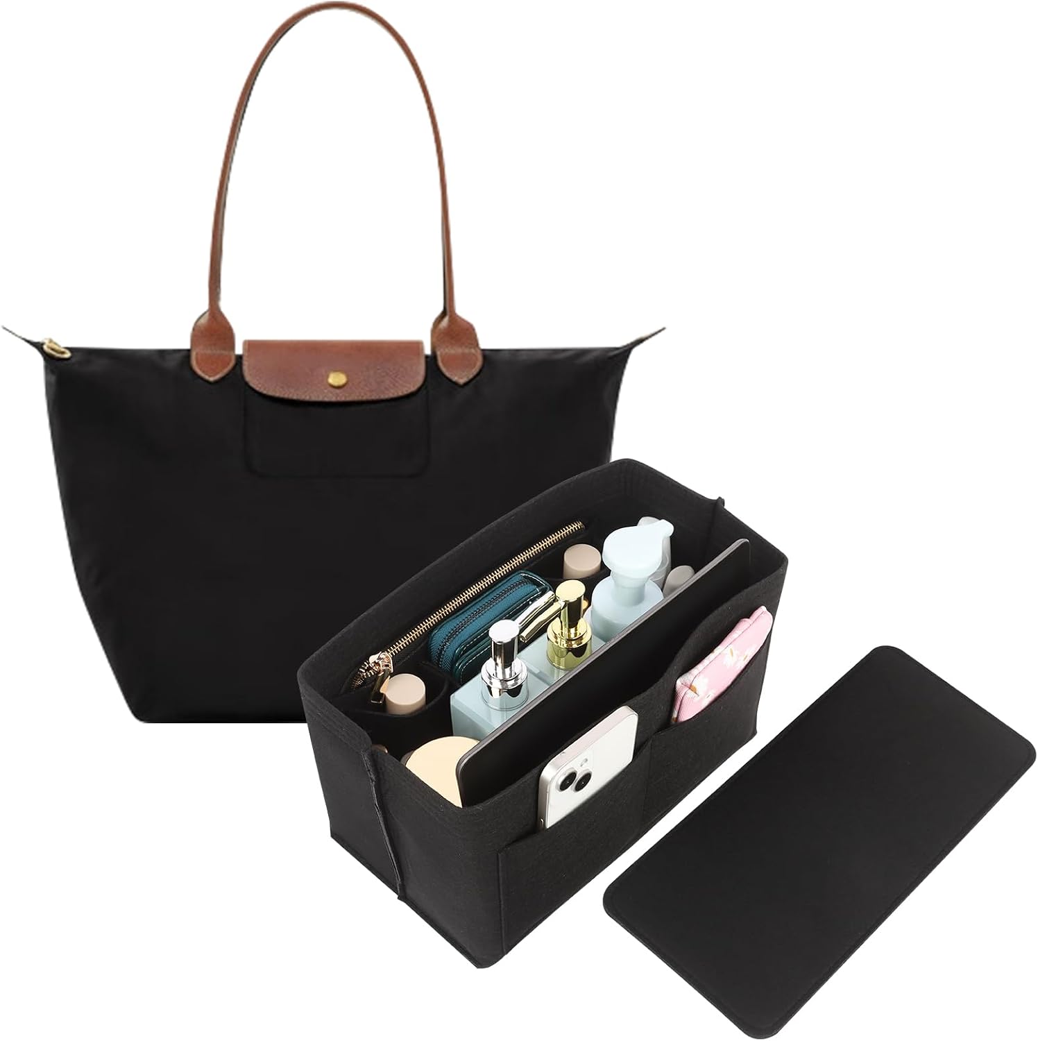 Organiser Insert for Longchamp Le Pliage Felt Tote Bag Organiser with Zipped Pocket & Multiple Compartments for Travel & Work Black (30x14x17cm)