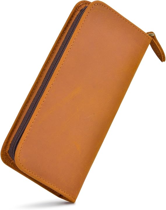 Asvine Fountain Pen Case 3 Divided Slots Crazy Horse Leather Pen Holder, Handmade Display Zippered Pouch for Rollerball Pen-Brown
