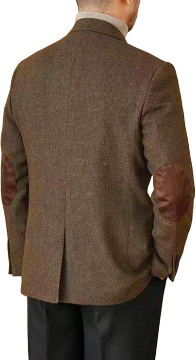 Men Blazer Vintage Tweed Blend Elbow Patch Sport Formal Casual Coat Jacket