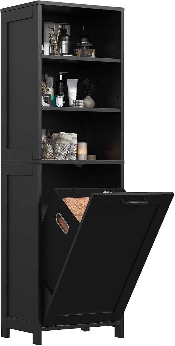 Bathroom Storage Cabinet with 3 Open Shelves, Slim Bathroom Storage Unit with Removable Laundry Basket, Freestanding Bathroom Floor Cabinets, Adjustable Shelves, Modern Farmhouse, Black
