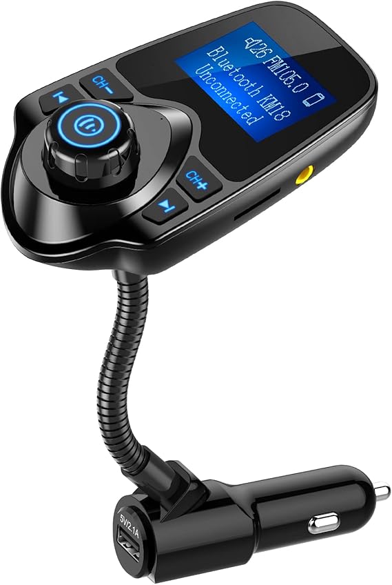 Nulaxy Bluetooth 5.4 Car Adapter FM Transmitter with 1.44" LCD Screen Black | Wireless FM Radio Player with Flexible Gooseneck, Noise Cancellating Fits Older Vehicles, Hands-Free Call Support USB/AUX/TF