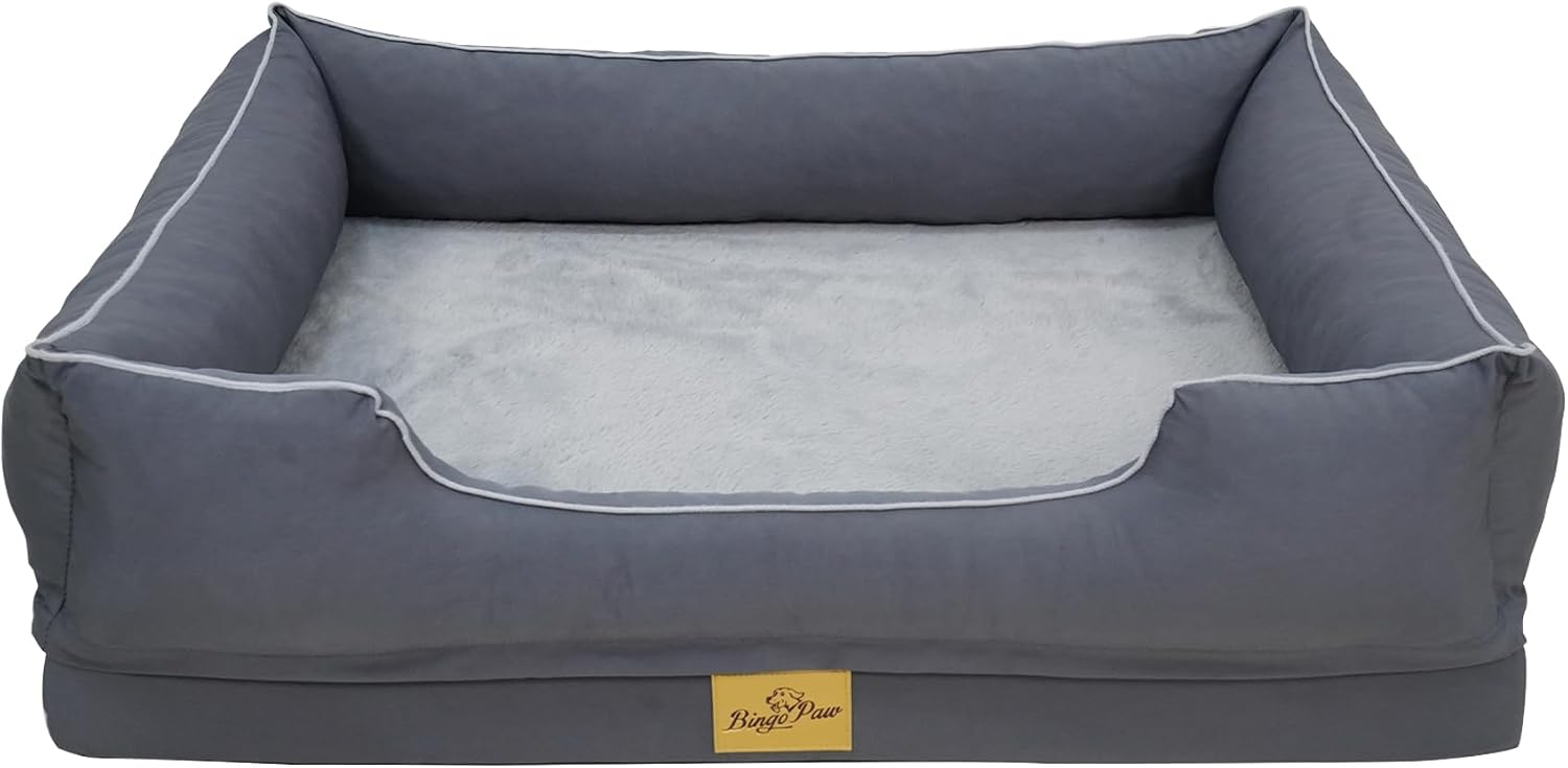 BingoPaw Orthopedic Dog Beds Medium: Dog Bed Sofa with Bolster Sides, Supportive Flat Foam, Waterproof Liner, Washable Removable Cover and Anti-slip Bottom M(77X63X18cm), Grey