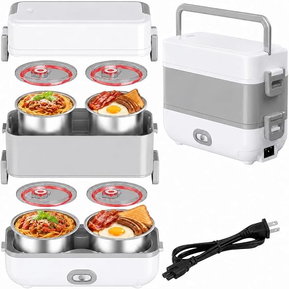 2L Electric Lunch Box Food Warmer, 200W Portable Mini Rice Cooker with 4 Stainless Steel Tiers, 2-Layer Steamer Lunch Box for Office, Travel, Dorm, Home