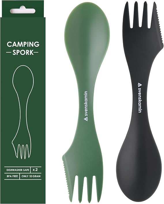 Reusable Camping Spork Set 2-Pack - 3-in-1 Travel Sporks, Lightweight Durable Utensils & Silverware for Tailgate, Outdoors, Hiking, Picnic, Lunch Box - Eco-Friendly Plastic Fork Spoon Knife Combo
