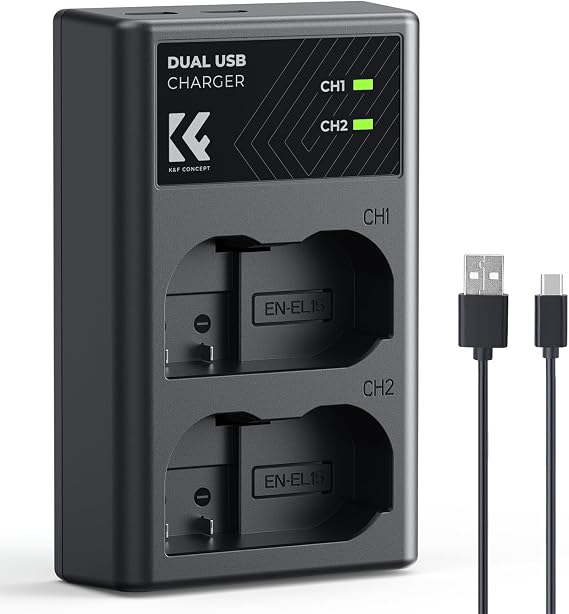 K&F Concept EN-EL15 Battery Charger, Dual Slot EN-EL15c EN-EL15b EN-EL15a Charger for Nikon Z8 Z7 Z6 Z6ii D850 D780 D750 D7500 Camera