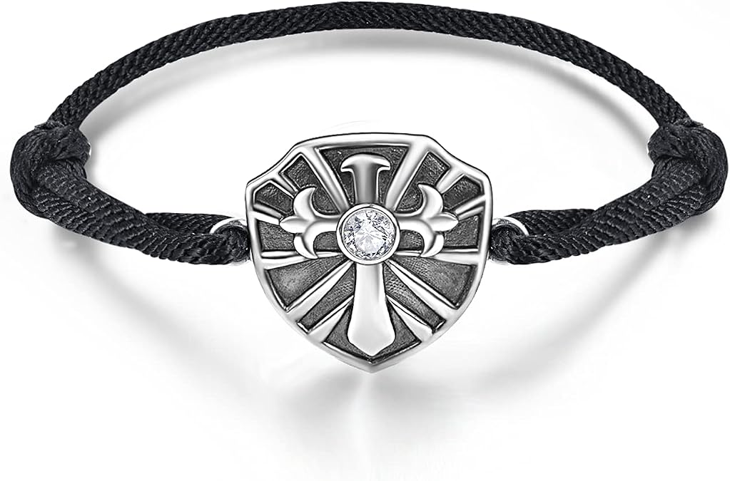 PRAYMOS Mens Bracelet Black Braided Bracelets Sterling Silver Shield of Faith Rope Bracelet Adjustable Bracelet 7+2"