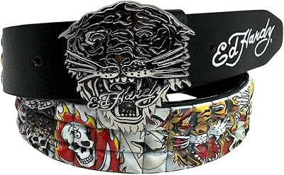 ED HARDY Mens 38mm Tiger Print Pyramid Studs with Metal Buckle Belt