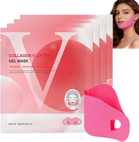 4Pcs Camellia Deep Collagen V Lifting Gel Mask- Double Chin Reducer & Neck Firming Mask for Sagging Skin, Instant Tightening & Face Sculpting