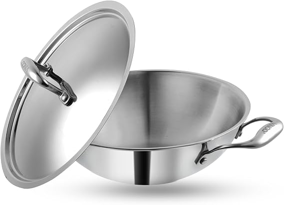 Vinod Platinum Triply Stainless Steel Kadai with Lid – 1.8L, 22 cm | 3 Layer SS Cookware Wok | Deep Cooking Pot for Sauteing & Curries | Gas & Induction Friendly | Heavy Bottom | Sturdy Handles