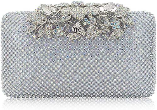 Womens Evening Bag with Flower Closure Rhinestone Crystal Clutch Purse for Wedding Party