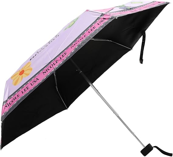 Nicole Lee Compact Travel Umbrella, 37 inch Canopy, UV Protection, Push Button, Black