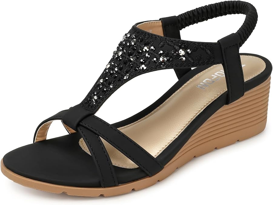 TEMOFON Women's Low Wedge Heels Summer Dressy Platform Sandals Elastic Ankle Strap Open Toe Flower Sandal Shoes