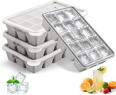 Silicone Ice Cube Trays with Lid, Set of 4, Easy Release Ice Molds, Reusable and Stackable Ice Trays for Freezer for Cocktail, Whiskey, Baby Food, BPA Free gray