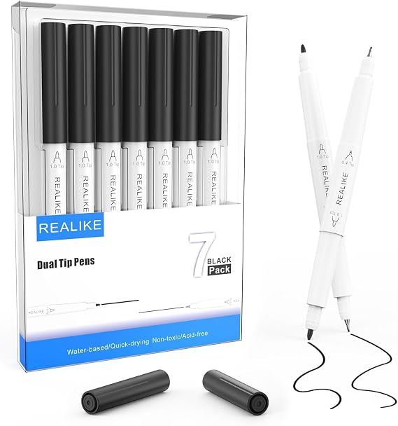 REALIKE Dual Tip Pens Compatible with Cricut Maker 3/Maker 4/Maker/Explore 3/4/Air 2/Air, Black Pens Set of 7 Pack Dual Tip Marker Fine Point Pen Writing Drawing (0.4 Tip & 1.0 Tip)
