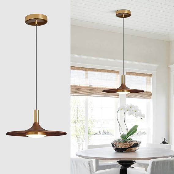 Dimmable Pendant Light, Wood Grain Finish LED Pendant Light Fixture, Modern Metal Dining Pendant Lights for Hotel Bar Kitchen Island Entryway