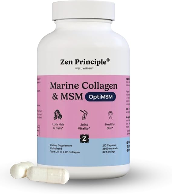 Zen Principle Marine Collagen Peptides Powder with OptiMSM Supplement. Clinically Tested for Skin Support. Wild-Caught Fish, Non-GMO. 210 Capsules.