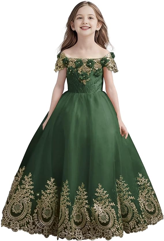 Tulle Flower Girl Dress for Wedding Floral Appliques Pageant Dress Sparkly Sequins Ball Gown Off Shoulder Party Dress