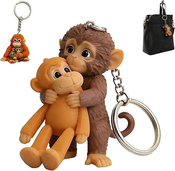 Protect The Monkey Keychain, 2D Punch Keychain Decoration, Cute Monkey Holding Plush Toy, Soft Stuffed Animal Keyring for Backpack Purse Car Keys