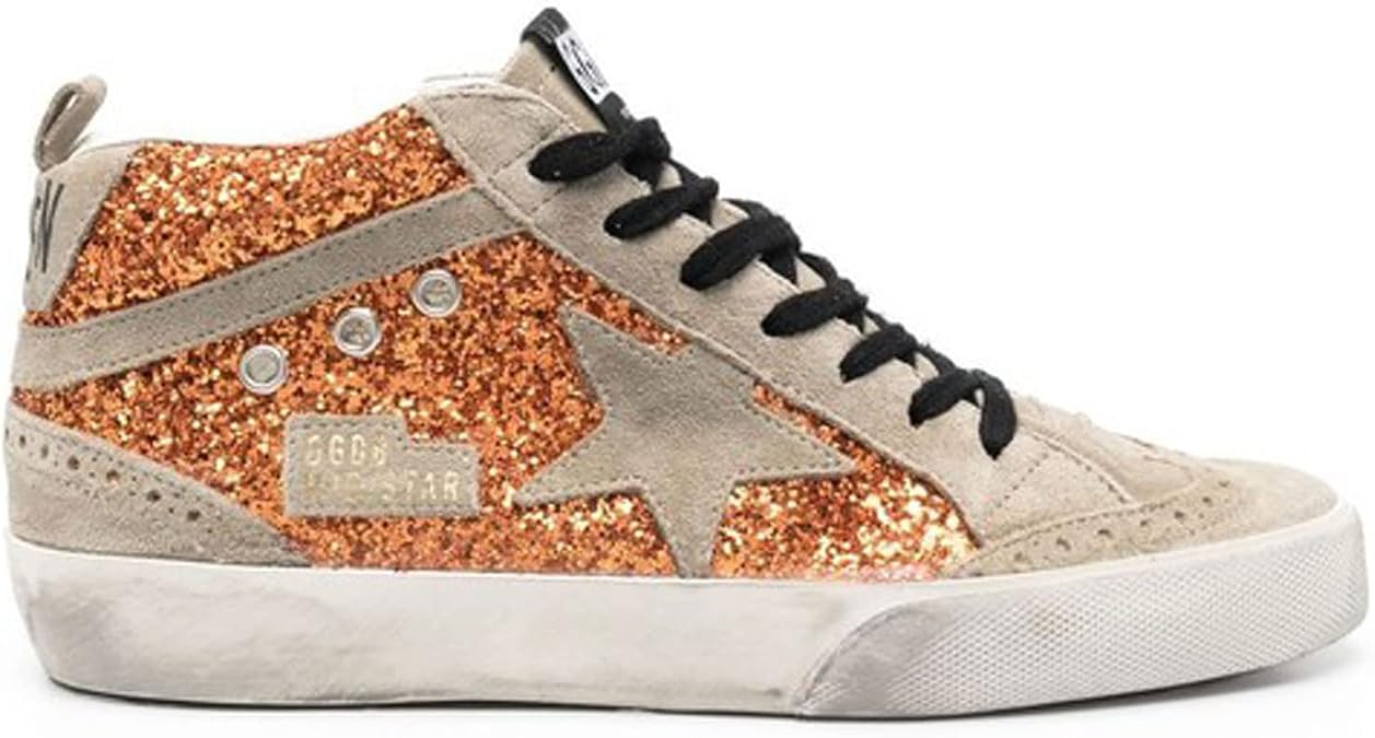 Golden Goose Mid Star Glitter Upper Suede Star Spur Wave and Heel Womens Distressed Sneakers