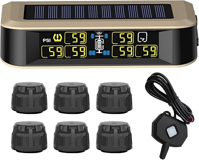 B-Qtech Tire Pressure Monitoring System RV TPMS Solar Power Wireless Tire Pressure Monitor with Repeater and 6 Sensors for Motorhome Travel Trailer Tow Pressure Temperature Real-time Alarm 0~199PSI