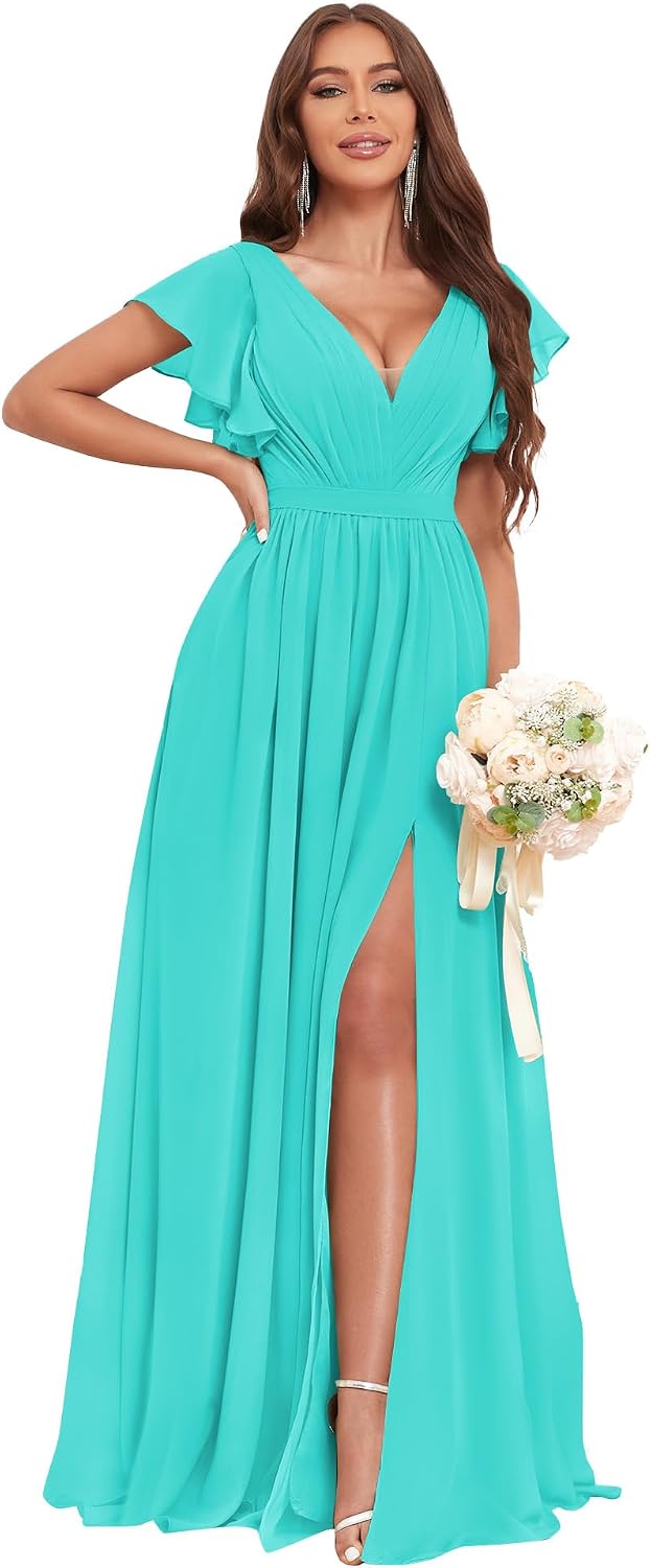 Long Bridesmaid Dresses for Women V Neck Short Sleeve Leg Slit A Line Corset Back Chiffon Maid of Honor Dress