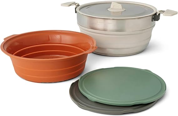 SEA TO SUMMIT - Detour Essentials Camp Kitchen Kit - 2 to 4 People 4-Piece - Foldable Pot 5L & Strainer + Lid + 2 Chopping Boards - BPA-Free - Silicone & Stainless Steel Camping Cookware - 1681g
