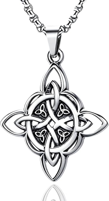 Witch Knot Necklace for Women, Stainless Steel Celtic Knot Pendant, Irish Shamrock Trinity Wiccan Jewelry Protection Amulet with 24" Box Chain