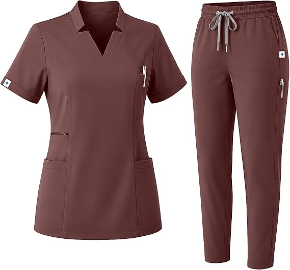 Scrubs for Women Set, V-Neck Top & Stretch Tapered Pants, 9 Pockets