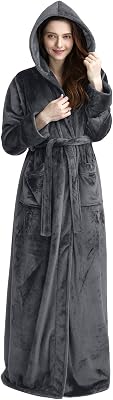 iCREAT Womens Long Hooded Bathrobe Fleece Full Length Bathrobe with Hood Winter Sleepwear