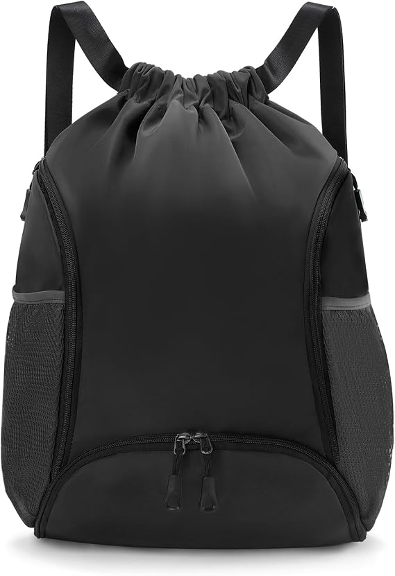 Valleycomfy Sports Gym Bag Drawstring Backpack with Shoes | Basketball Bag and Two Water Bottle Holder,Black