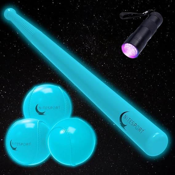 Glow in The Dark Plastic Baseball Bat Set w/UV Light