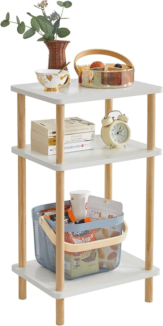 IBUYKE 3-Tier Side Table,Wood End Table with Storage Shelf,White WST003W