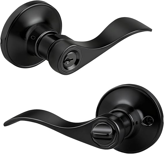 Gobrico 1 Pack Keyed Entry Wave/Drop Style Door Lever Handle, Matte Black Knob with Lock and Key for Exterior Interior Door
