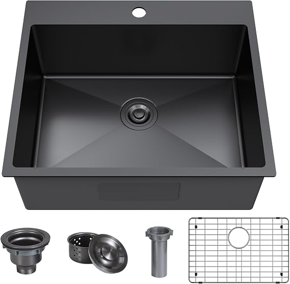 25 x 22 Inch Black Drop In Kitchen Bar Sink, Small Kitchen Sink Single Bowl Topmount Bar Prep Sink 18 Gauge Stainless Steel Bar Sink with Grid and Basket Strainer