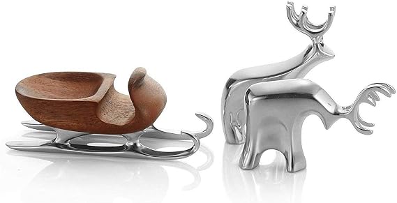 Nambe Miniature Reindeer and Sleigh Set Holiday Collectible Figurines, Christmas Tabletop Decor for Festive Seasonal Displays, Joyful Winter Centerpiece, Alloy Sculptures for Mantel, Shelf or Table