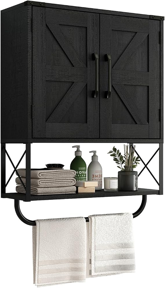 RUSTOWN Farmhouse Medicine Cabinet with 2 Barn Door & Towel Bar Rack | Boho Wood Wall Mounted Storage Cabinet with Adjustable Shelf, 3-Tier Above Toilet Cabinet for Bathroom, Laundry, Living Room