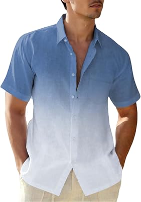 Mens Gradient Linen Shirts Short Sleeve Button Down Shirt Hawaiian Summer Beach Casual T Shirts for Men