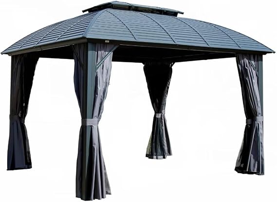 10'x12' Hardtop Gazebo,Permanent Gazebo with Galvanized Steel Double Arch Roof and Premium Aluminum Frame,Self-Drainage Gazebo Include Curtain & Netting for Patio,Backyard,Garden,Deck,Lawns