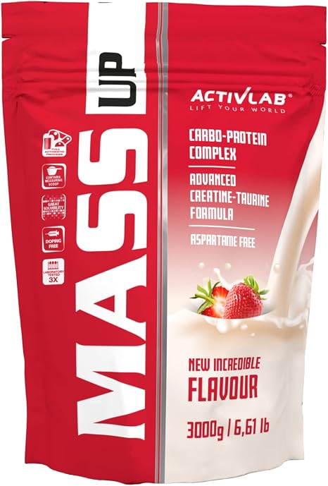 Activlab MASS UP 3 kg High Caloric Weight Gainer Protein Powder Whey Protein Creatine and Taurine Strawberry Builds Muscle Mass and Strength Massive Mass Gainer Strength Contains a Measure
