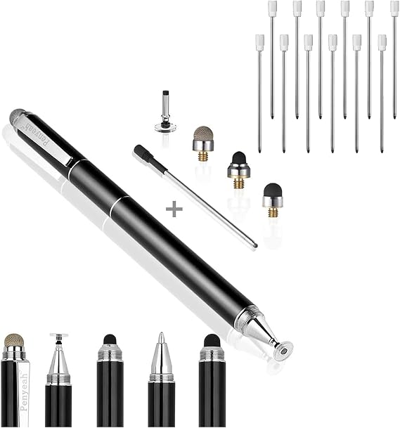Penyeah Stylus Pen 4 in 1, Universal Stylus Pens for Touch Screens, High Precision and Sensitivity (Black), with Replacement 2.75" Ballpoint Pen Refills (12count, Black Ink)