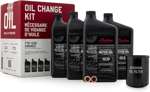 Indian Motorcycle Oil Change Kit for All 60 & 69 Cu In Liquid-Cooled Scout Engines, 4 Quarts 15W-60 Full Synthetic Oil, 1 Oil Filter, 2 Washers, Clutch Performance, Engine Protection - 2880191