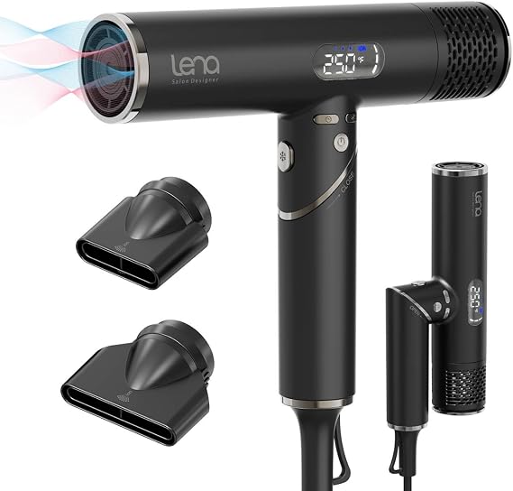 LENA Travel Hair Dryer Powerful Blow Dryer | Ionic Foldable Hairdryer | Lightweight & Fast Drying with High-Speed Brushless Motor, Ion Tech., LED Display, Magnetic Nozzles | Protects Hair as You Dry