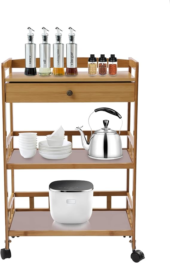 Rolling Kitchen Island Cart with Drawers Shelves,3 Tiers Bamboo Kitchen Trolley,Towel Rack, Locking Casters,Butcher Block Food Prepping Cart Trolley On Wheels,for Bar, Pantry, Bathroom