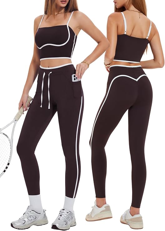Women's 2 Piece Workout Set with Pockets Square Neck High Waist Leggings for Gym Tennis Golf Yoga Running Pilates Outfits
