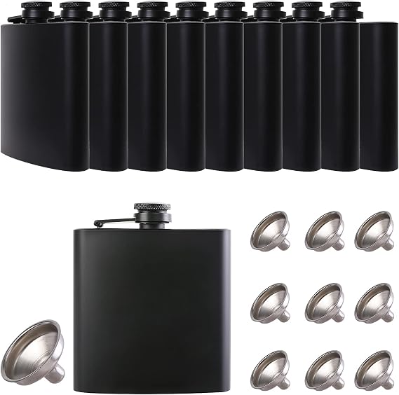 10 pcs Hip Flask for Liquor Black 6oz Stainless Steel Leakproof with 10 pcs Funnel for Gift, Camping, Wedding Party, Groomsmen Gifts
