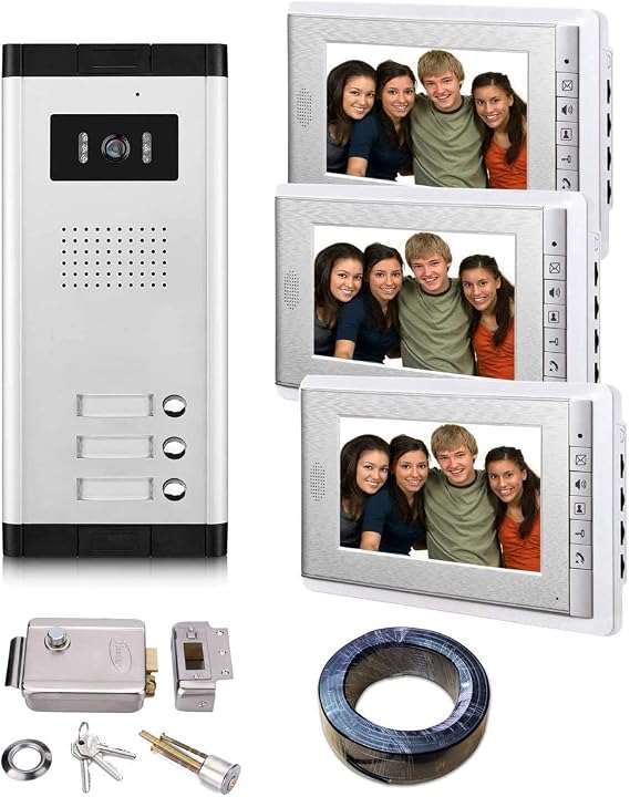 3 Units Apartment Video Intercom System, Wired Video Door Phone Include Electronic Door Lock + 150FT RVV4 Wire